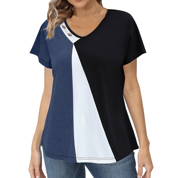 Gibobby Camisetas de verano para mujer Camiseta informal manga corta suelta con estampado moda en color contrastante para mujer(Azul,M)