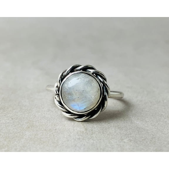 Heaven Crafts White Moonstone Ring 925 Sterling Silver Round Shape Gemstone Boho Stacking Ring For Women