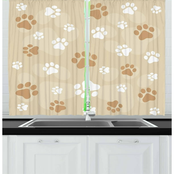 Earth Tones Curtains 2 Panels Set, Baby Dog Paws Print Animal Companion