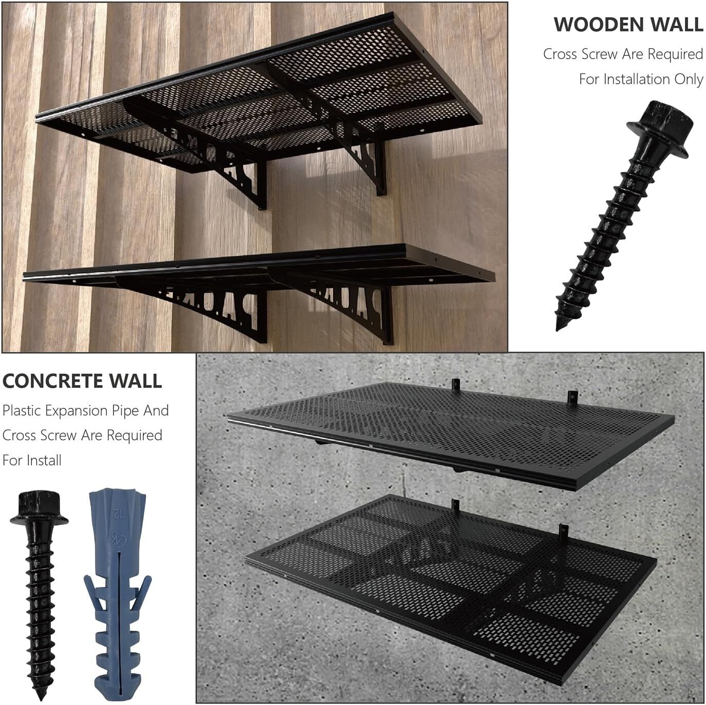 HAINAWANG,4 shelves 4-Pack 1.5x3.8ft 17.7-inch-by-45.2-inch Wall Shelf Garage Storage Rack Wall Mounted Floating Shelves, Black, 4 Pack Loads 1000 lbs