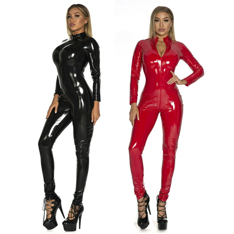 PICK YOUR LOOK Women's Sexy Faux Leather Jumpsuit, One Piece Back Zipper  Bodycon
