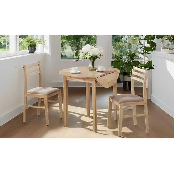 Cartesian 3 Piece Drop leaf Round Dining Table and Ladder Back Chairs Set In Natural