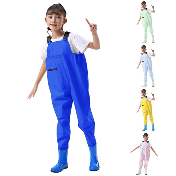 Huowey Kids Girls Unisex Chest Waders Solid Colro Adjustable Strap One Piece Jumpsuit Romper For Toddler Children Waterproof Waders With Boots Summer Rainy Fishing Clothes Outfits,Blue,1-2 Years