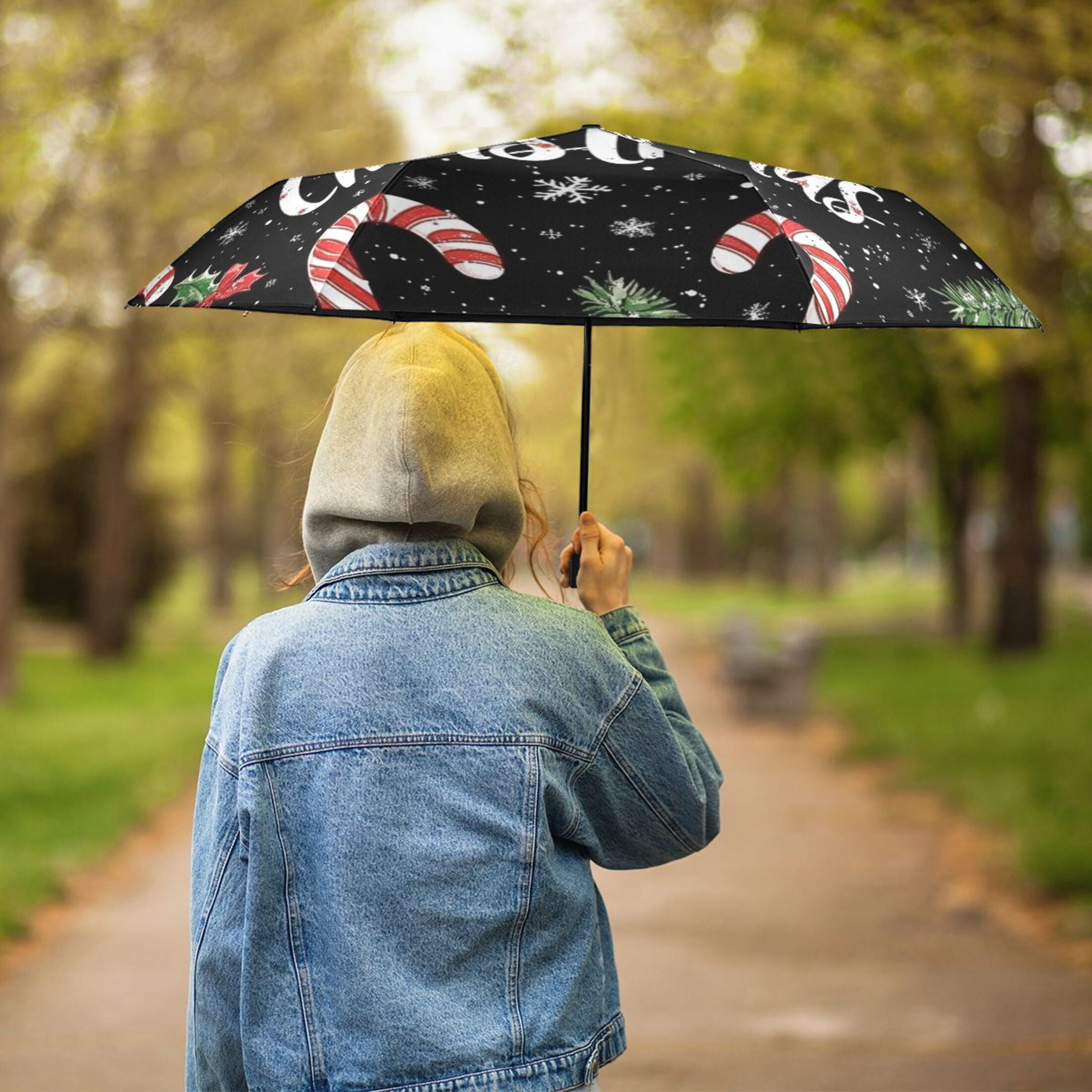Pine Leaves Candy Canes Christmas Snowflakes All Weather Umbrella Triple Folding Parasol 6 Ribs UV Protection Portable