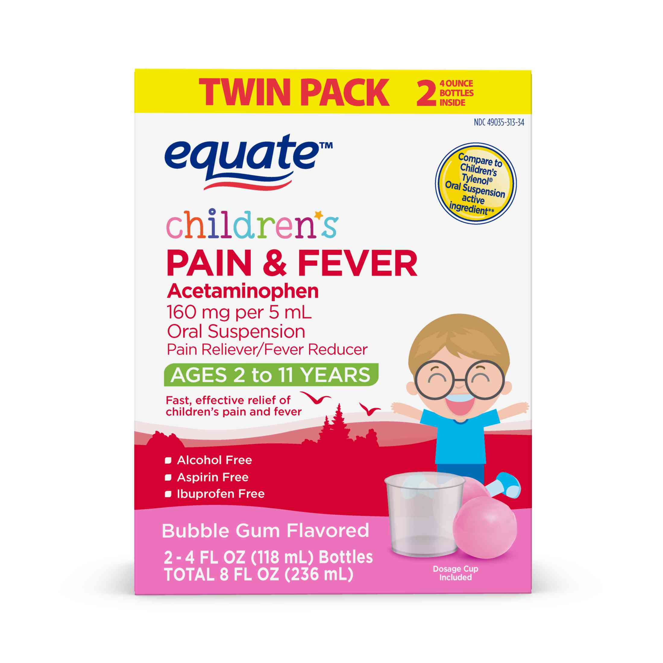 Equate Children's Pain Reliever & Fever Reducer Oral Suspension Liquid, Acetaminophen 160 mg per 5 mL, Bubble Gum Flavor 4 oz,2 Pack