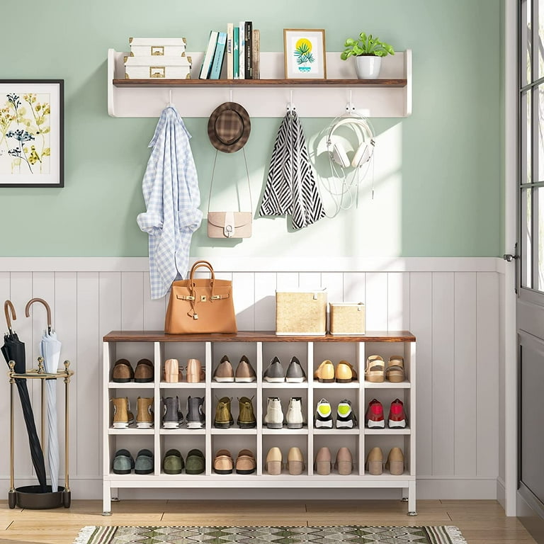 Hall Tree with Bench and Shoe Storage, Entryway Bench with Coat Rack, 24  Shoe Cubby, White