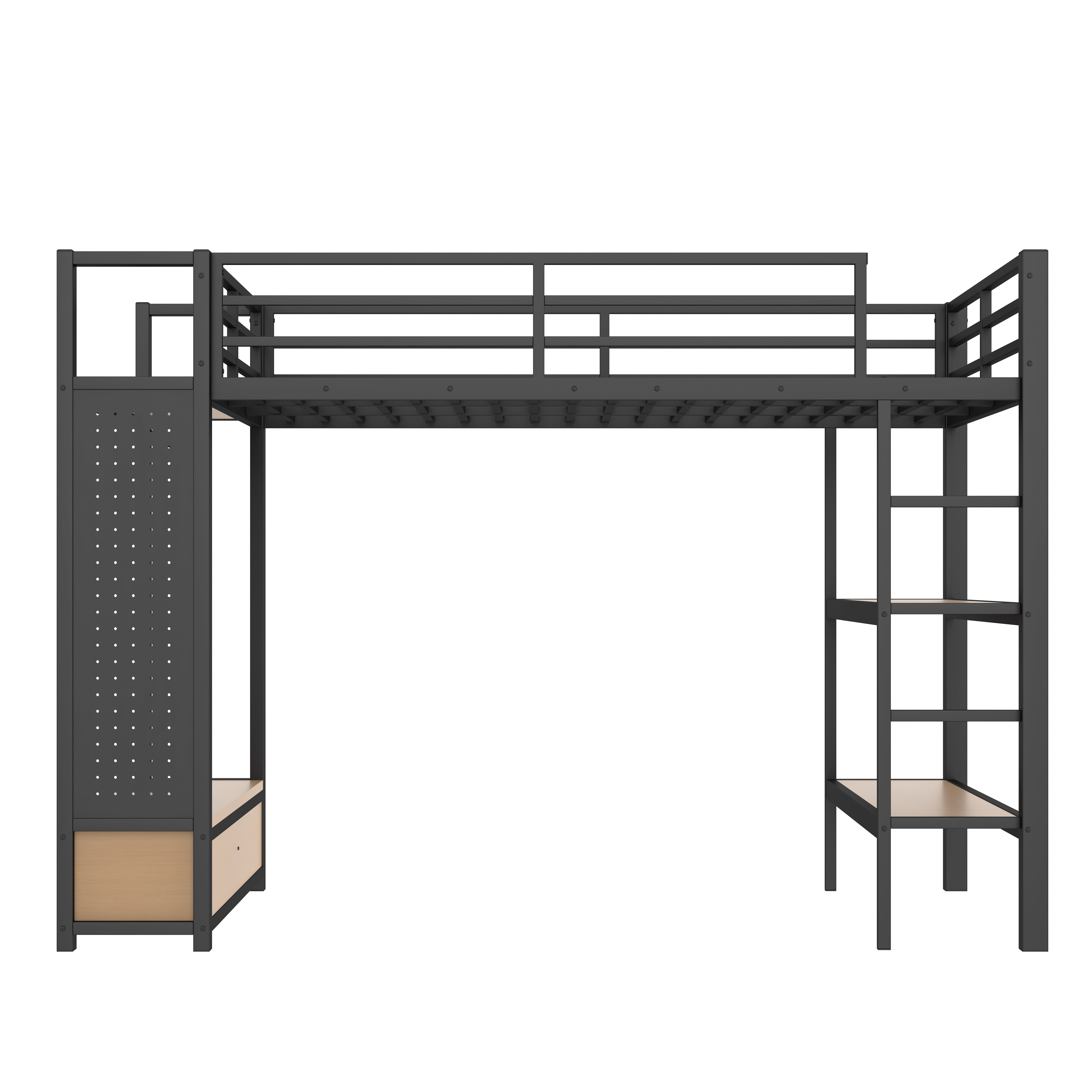 Euroco Full Size Loft Bed with Built-in Desk, Shelves and Wardrobe, Solid Bed with Bookcase and Pegboard for Kids Teens Bedroom, Black