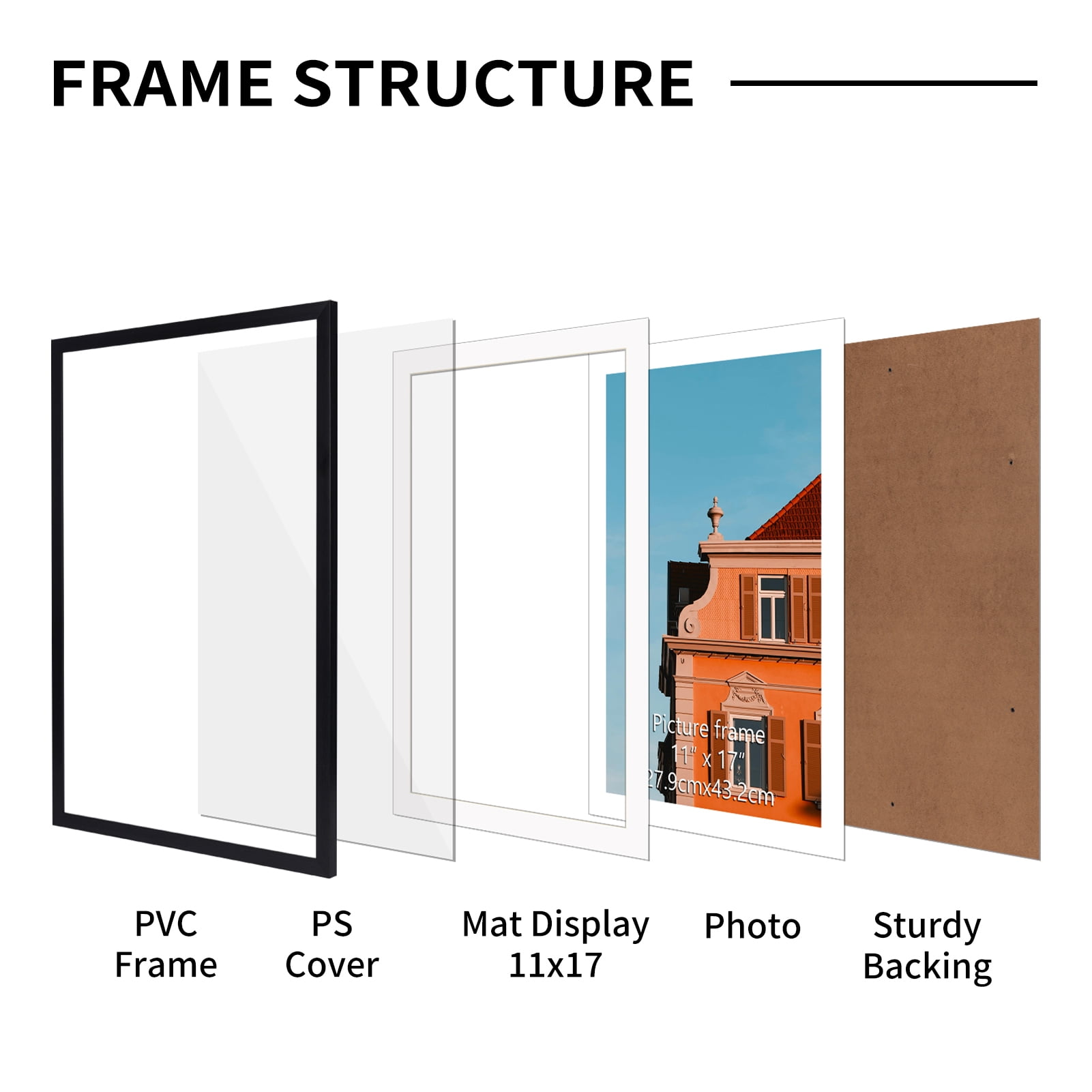 11x17 Picture Frame with Mat, 13x19 Photo Frame without Mat for Wall Mount or Tabletop, Black
