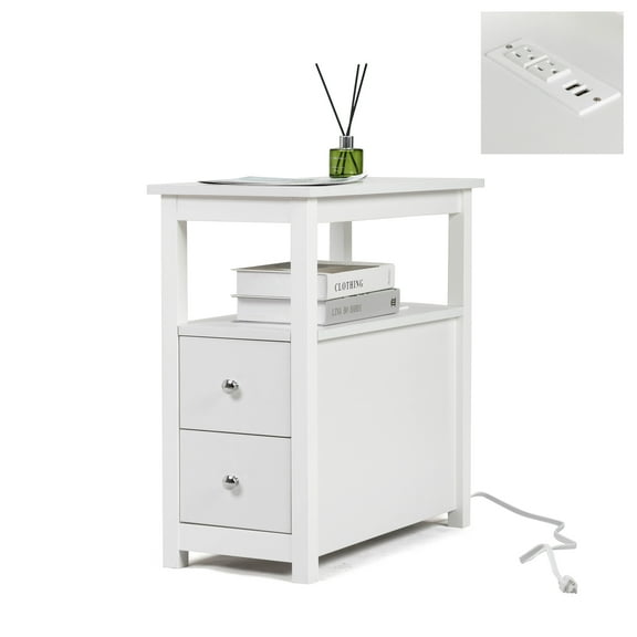 Seizeen Modern Nightstand with 2 Drawers & Charging Station, White