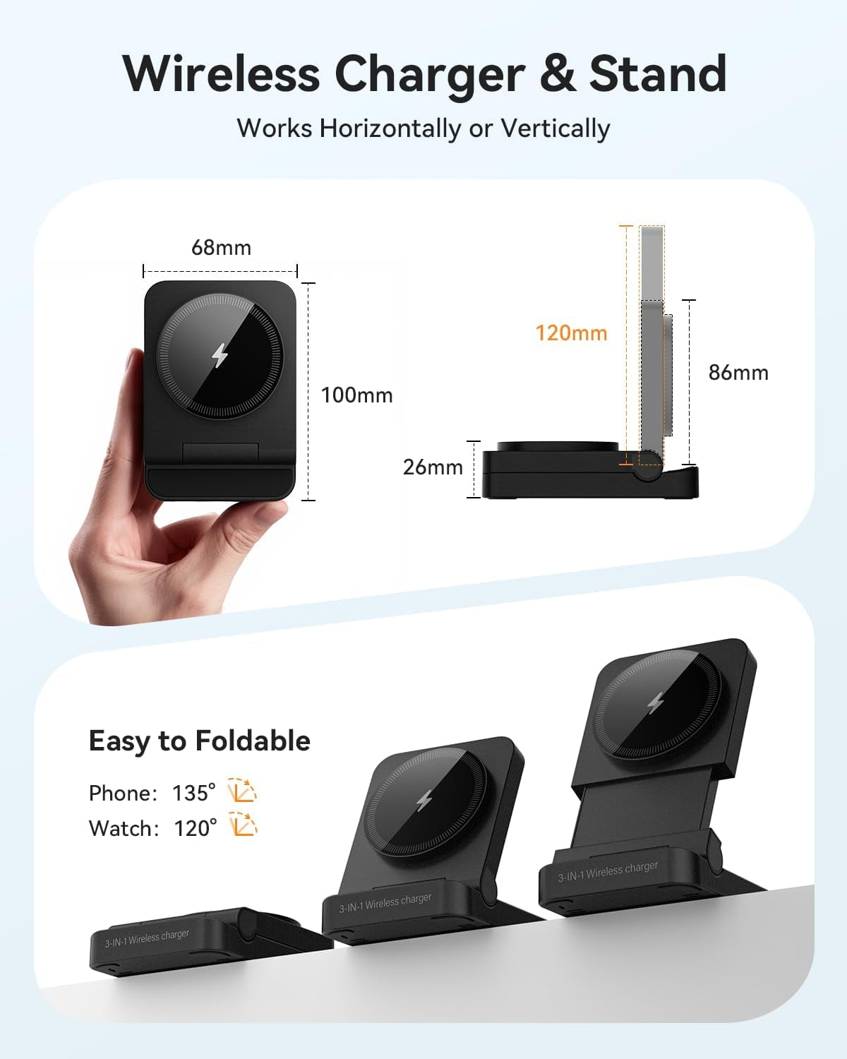 3-in-1 Foldable & Retractable Wireless Charger Station, 15W Fast Magnetic Charging, Portable Fast Charging Stand,Compatible with Mag Safe Charging for i Phone17/16/15/14/13/12,i Watch,Air Pods(Black)