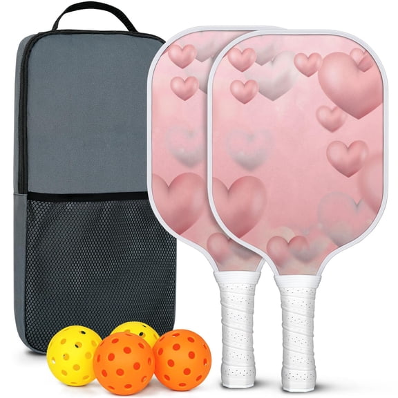 Pickleball Paddles Set Of 2, Fiberglass Surface, Love Romantic Valentine Print, 4 Balls & Bag
