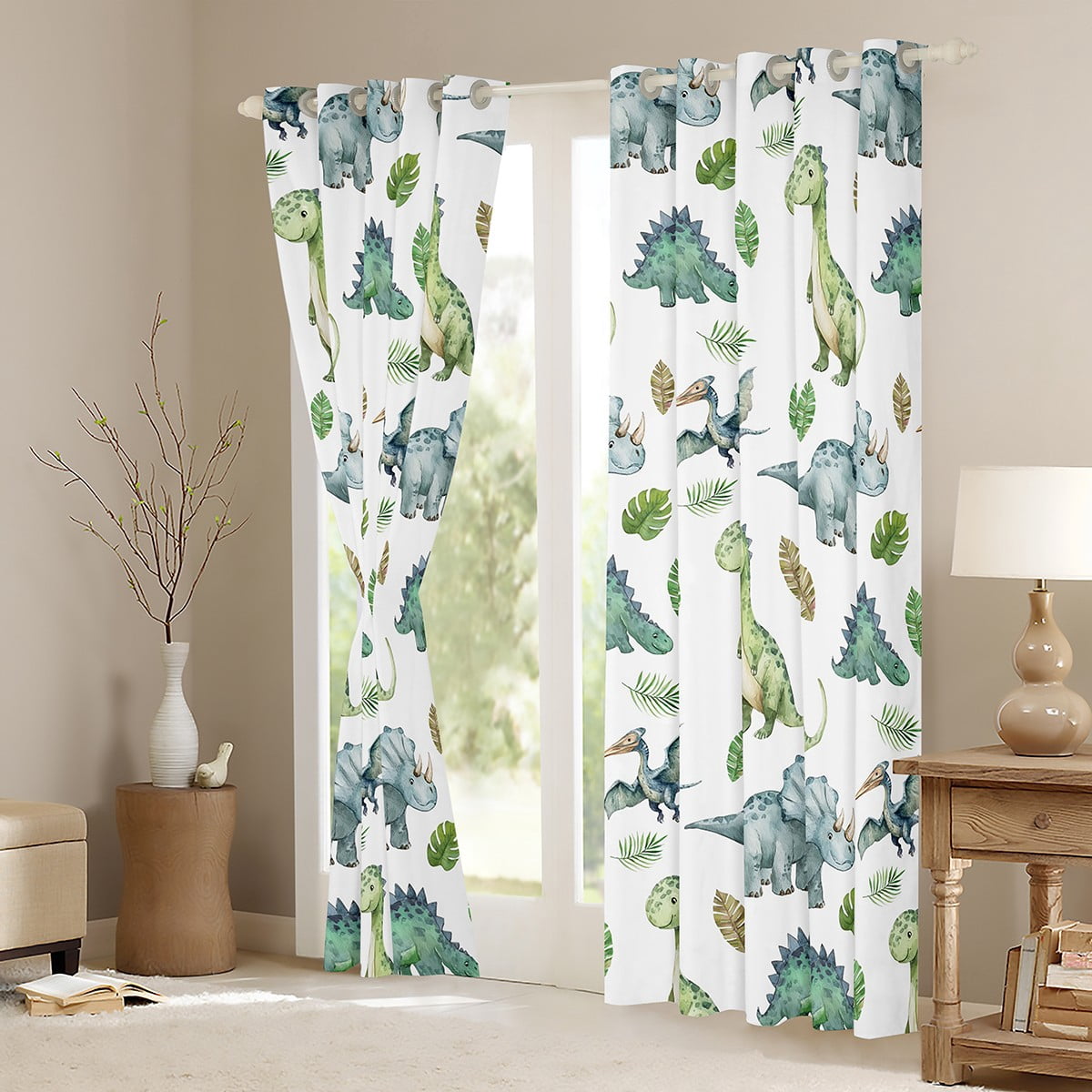 Feelyou Cartoon Dinosaur Black Out Curtains, Cute Jungle Wildlife Curtains Pack of 2 (42x63 Each), Palm Leaf Botanical Bedroom Curtains, Curtains and Drapes Home Decor