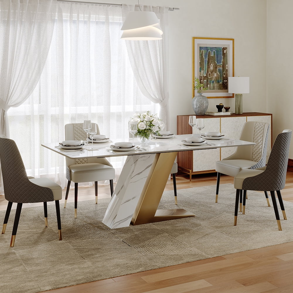 POVISON 71" Modern Luxury White Rectangular Dining Table with Glossy Sintered Stone Tabletop, White and Gold Z-shaped Stainless Steel Base
