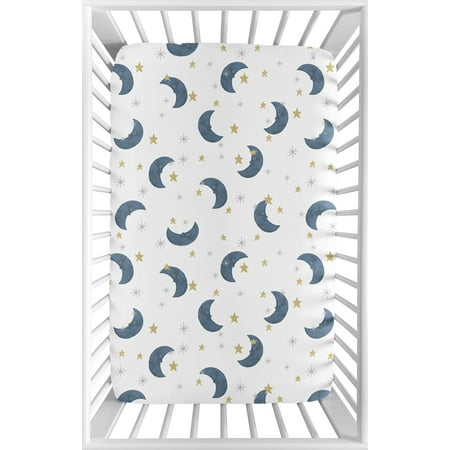 UPC: 0846480077220 | Moon and Star Blue Gold Mini Fitted Crib Sheet by Sweet Jojo Designs