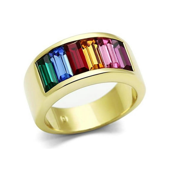 Stainless Steel 14K Gold Ion Plated Baguette Rainbow Ring Women's Sizes 6