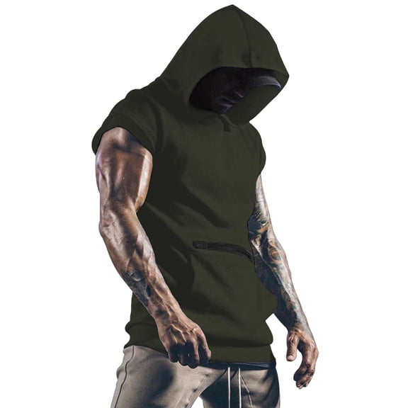 IYTR Men's Shirts Sleeveless Hooded Tank Top Kangaroo Pocket Athletic Gym Workout Muscle Cut Bodybuilding Casual Solid Color Hoodie Vest (Army Green,L)