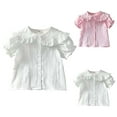 thumbnail image 1 of Little Girls Peter Pan Collar Blouse Cotton Puff Short Sleeve Button Up Summer Shirt, 1 of 8