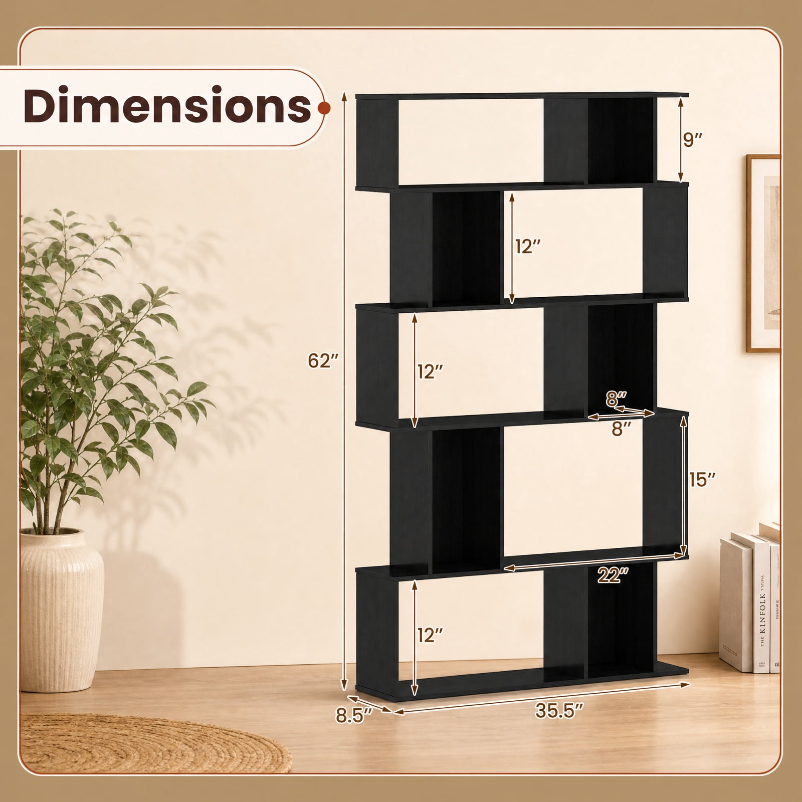 Furnibear Geometric Bookshelf 5-Tier Bookcase with Open Shelves and Closed-back Cubes for Living Room Home Office Bedroom Display Storage Shelf, Black