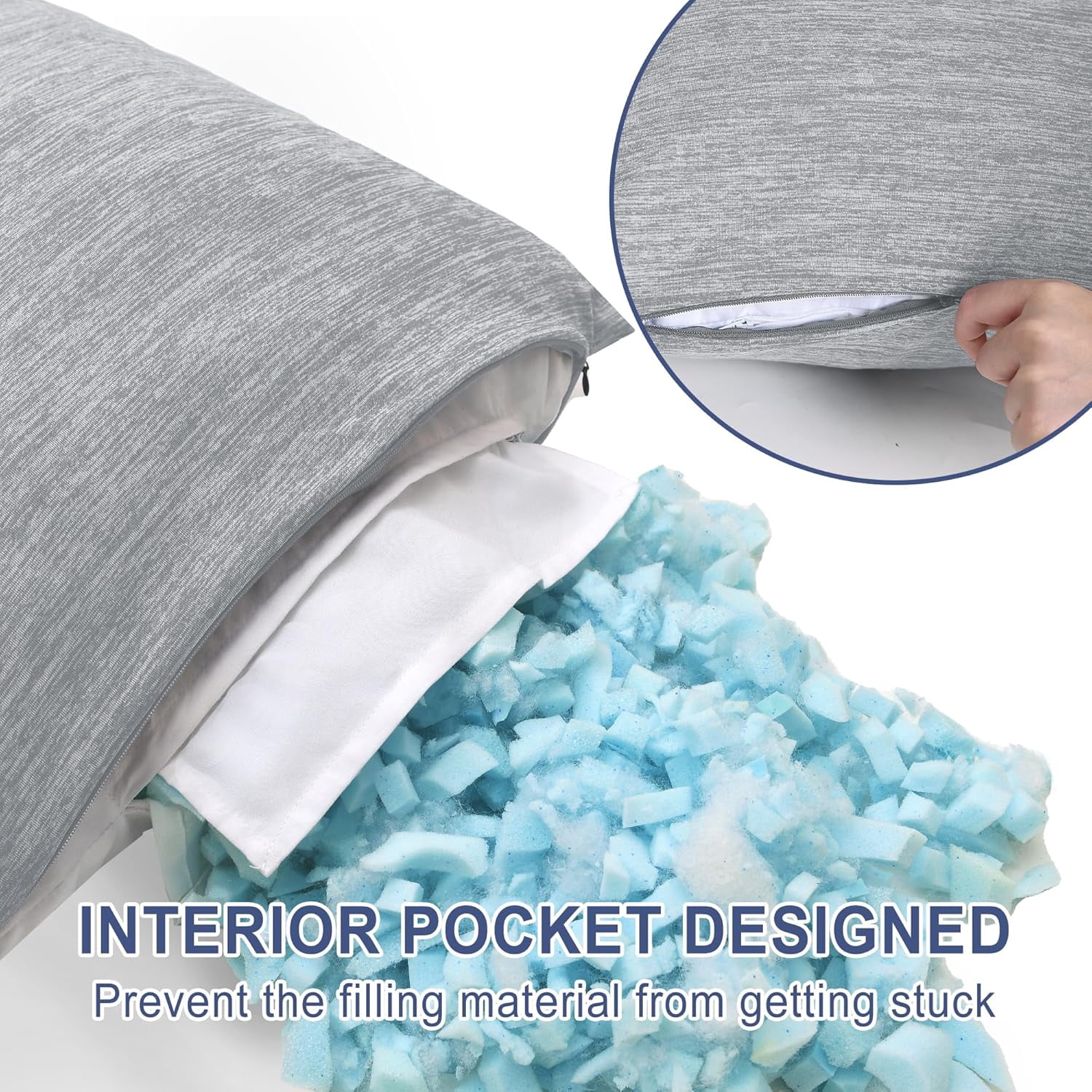 Cooling Body Pillow for Adults, 20x60 Inch Light Grey - Shredded Memory Foam Body Pillow with Removable & Adjustable Filling, Full Body Support for Side Sleepers, Pregnancy & Pain Relief