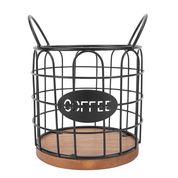 Yajisi Coffee Pod Holder, Iron Wire Coffee Capsule Storage Basket with Wooden Base for Kitchen, Black, 7.09 x 6.30 x 5.51 Inches