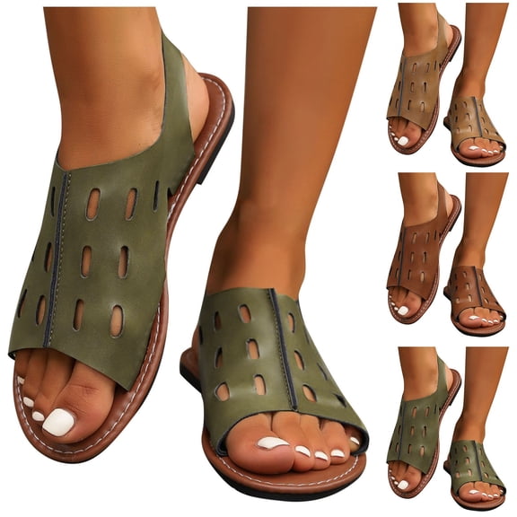 HomeDM Womens Flats Sandals Open Toe Ankle Strap Slip on Comfy Summer Beach Walking Sandals, Army Green Size 5.5