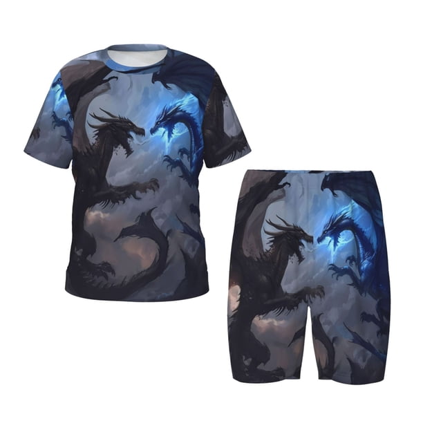 Fotbe Black And Blue Lightning Dragon Pijama Estampada de 2 Piezas para Niños – Ropa de Dormir de Manga Corta Cómoda para Niños y Niñas, Camiseta y Shorts de Algodón-XX-Large
