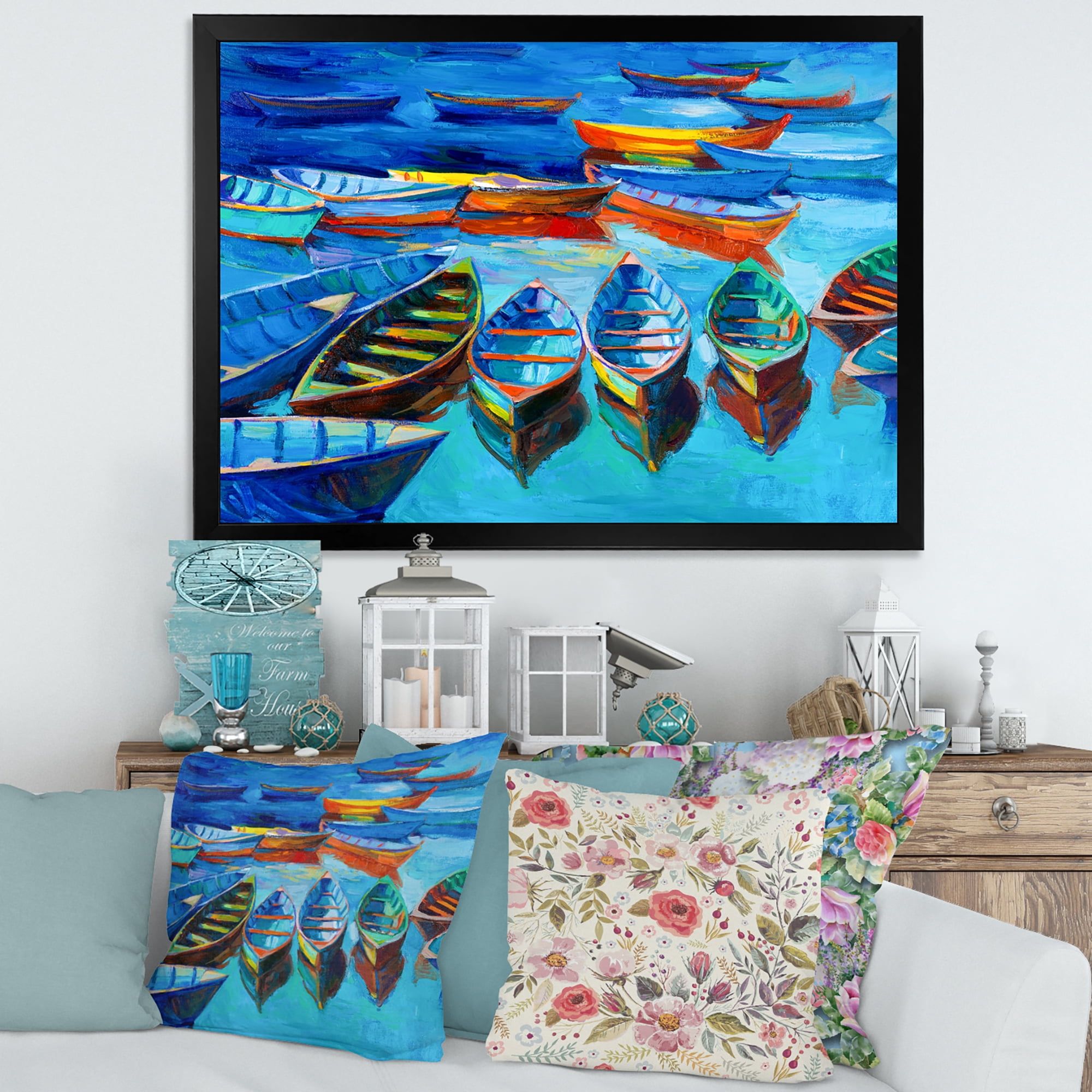 Designart 'Little Boats Wating In The Blue Harbour' Nautical & Coastal Framed Art Print