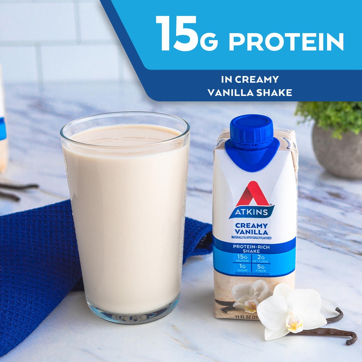 Atkins Protein Shake 15g Protein, Vanilla, Keto Friendly, 3/4 Count