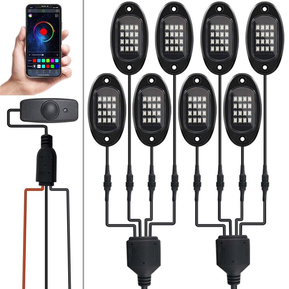 XZKING 8Pods Metal DreamColor RGB LED Rock Lights for Trucks Jeep Golf Cart ATV UTV SUV Offroad with APP/RF Remote, Multicolor Brake Underglow Light Neon Aluminum Waterproof 12V Underbody Lights