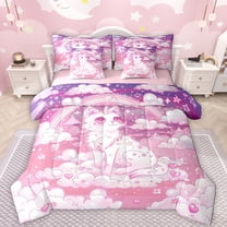 Manfei Beauty Cat 7-Piece Twin Bedding Sets,Pink Kitten Bedding Comforter Set,Cartoon Loves Rainbow Sheet Sets For Girl,Super Cozy Room Decor Reversible