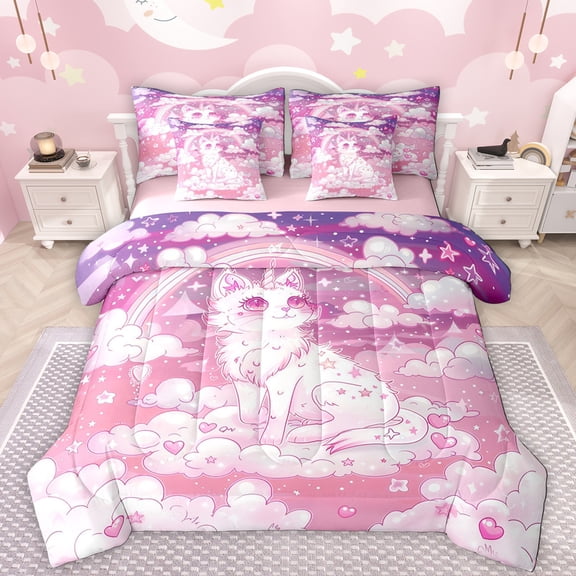 Manfei Beauty Cat 7-Piece Twin Bedding Sets,Pink Kitten Bedding Comforter Set,Cartoon Loves Rainbow Sheet Sets For Girl,Super Cozy Room Decor Reversible