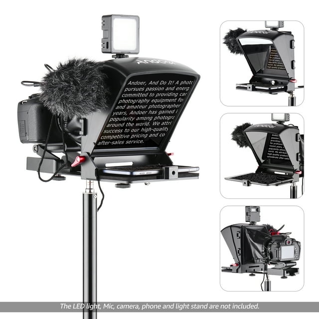 Teleprompter portátil Andoer A1 con control remoto para presentaciones en escenarios y grabación con cámara - Incluye accesorios completos (sin batería)