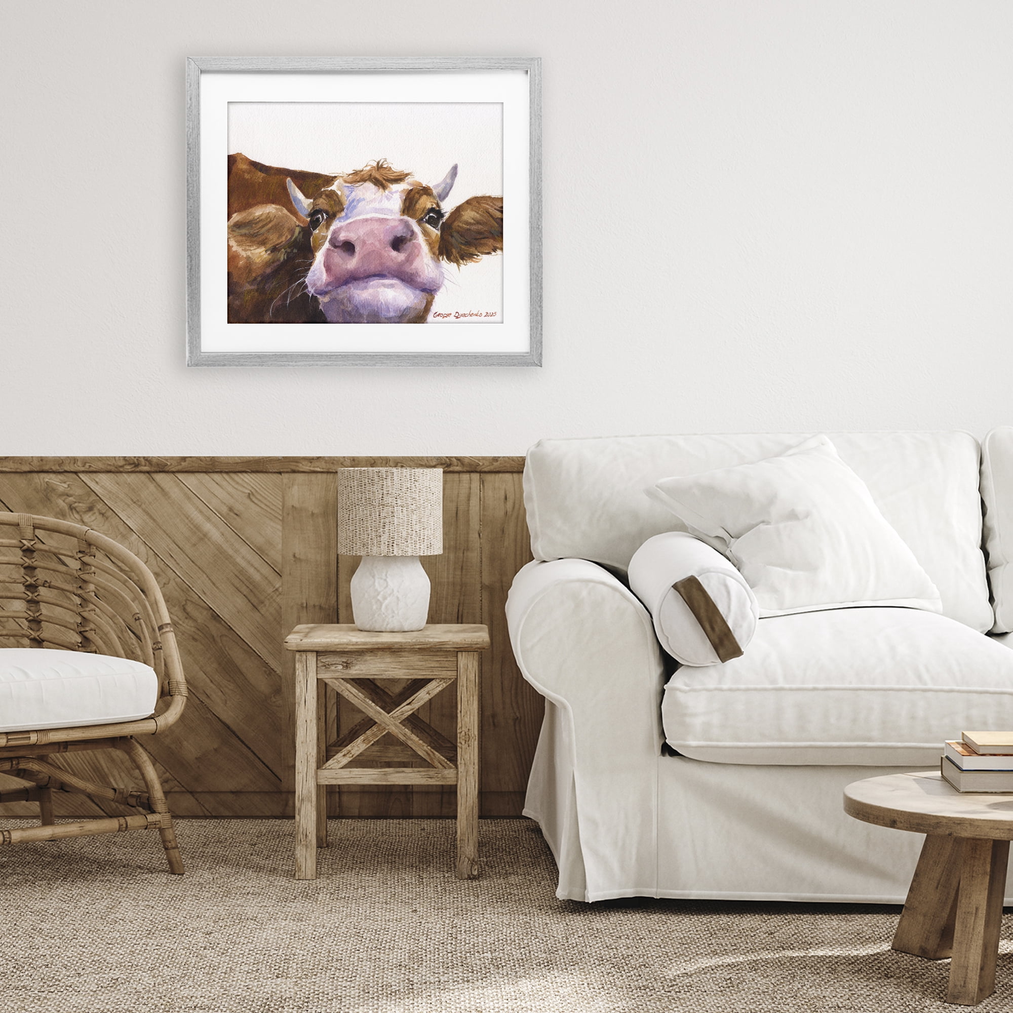 Stupell Industries Cute Cow Close Up Gray Framed Print Under Glass, design by George Dyachenko