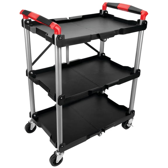 Performance Tool W53990 Folding Tool Cart: 3-Shelf Rolling Cart, Collapsible, 200 lb Capacity, Aluminum Posts, Swivel Casters, No Assembly, Great for House, Home and Garage, Black