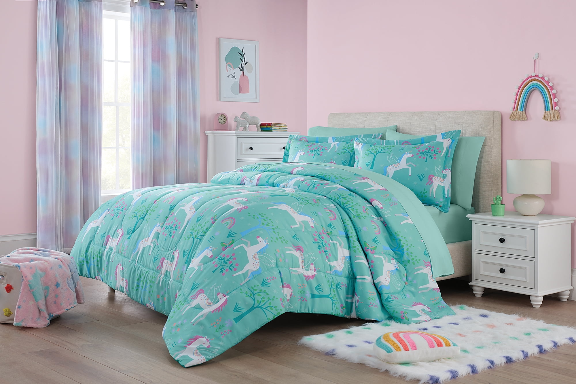 Your Zone 7 Piece Teal Unicorn Grove Polyester Bedding Set for Girls, Full