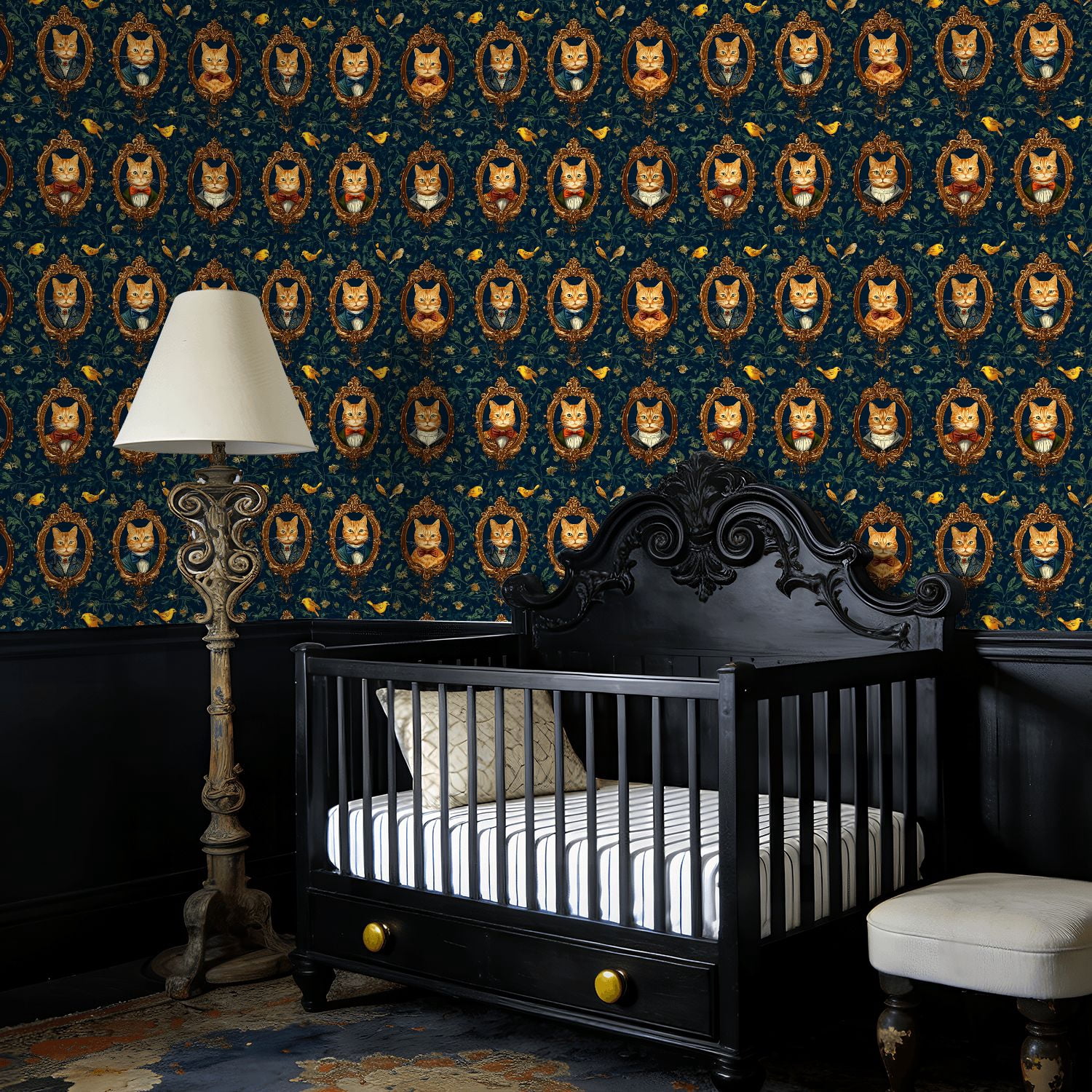 Peel and Stick Wallpaper Baroque Vintage Cat Portraits Floral Frames Bow Ties Wall Mural 23.6in x 9.8ft Self Adhesive Removable Wall Paper Renter Friendly Wallpaper for Nursery Bedroom Cabinets