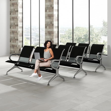 Kinbor 3-Seat Waiting Room Bench Set - PU Leather Office Chair Guest Reception Waiting Room Chair for Airport, Hospital, Bank, Salon, Barbershop, Black(Set of 3)