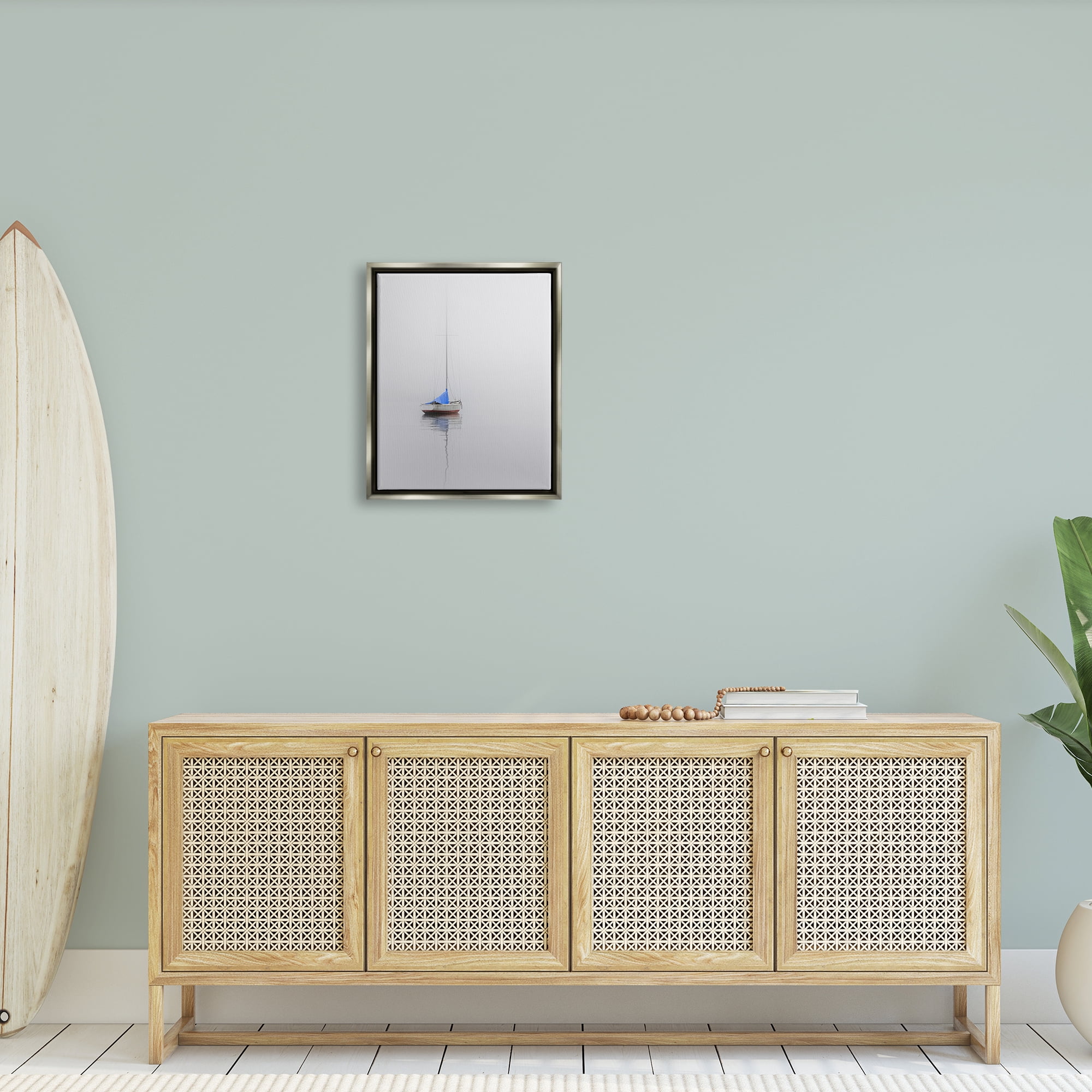 Stupell Drifting Boat Grey Ocean Reflection Landscape Photography Gray Floater Framed Art Print Wall Art