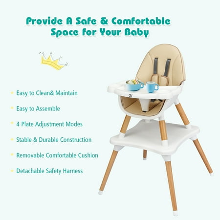 Babyjoy 5 In 1 Baby High Chair Infant Wooden Convertible Chair W 5 Point Seat Belt Khaki Walmart Canada