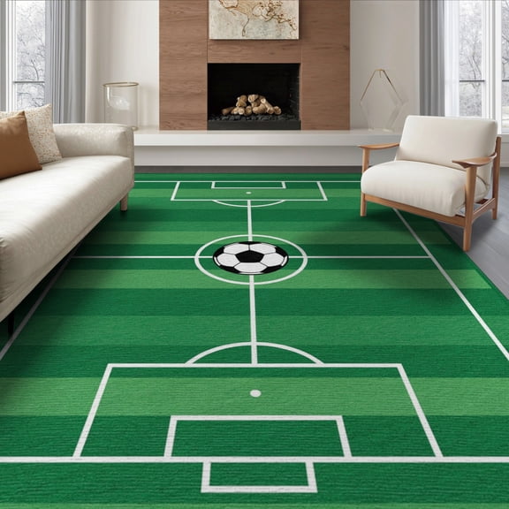 ODIKA 8'x10' Washable Area Rug Soccer Motif Field Bold Stadium Border Aglity Theme Decorations for Living Room, Under Sectional, Family , Durable, Non-Slip