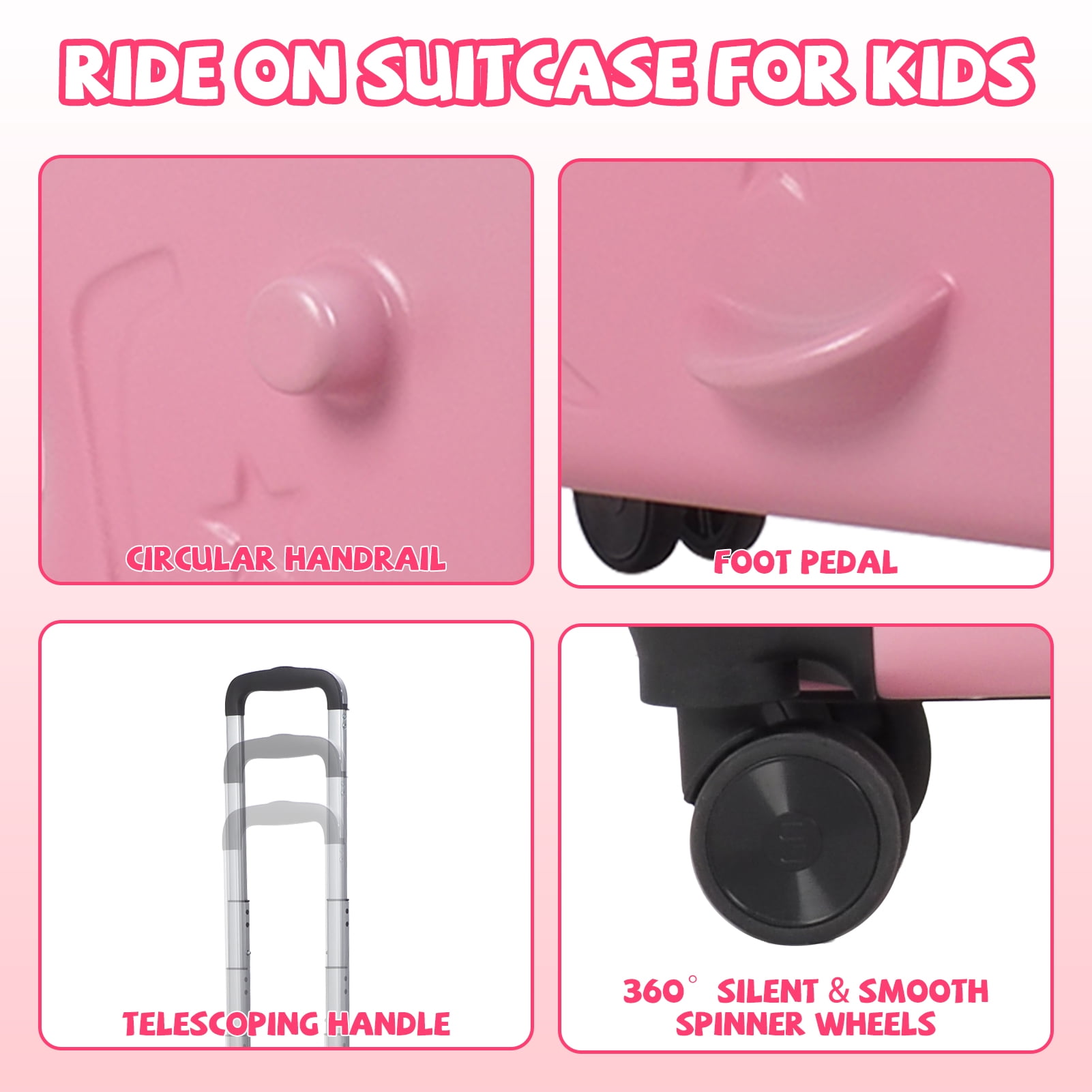 Kids Travel Suitcase with Seat, Large Capacity Carry-On Luggage with Safety Belt & 4 Spinner Wheels, Impact Resistant Rolling Suitcase for Airplane