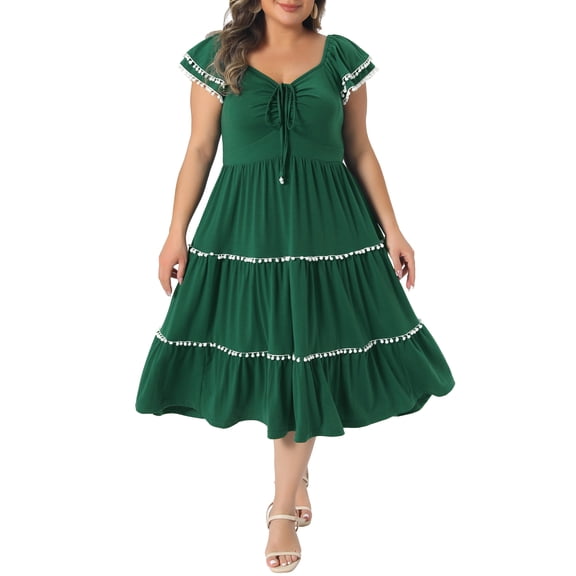 Agnes Orinda Women's Plus Size St. Patrick's Day Boho Dresses Sweetheart Neck Tiered Ruffled Short Sleeve Tiered Pom Pom Flowy Summer A-Line Midi Sundress 1X Dark Green