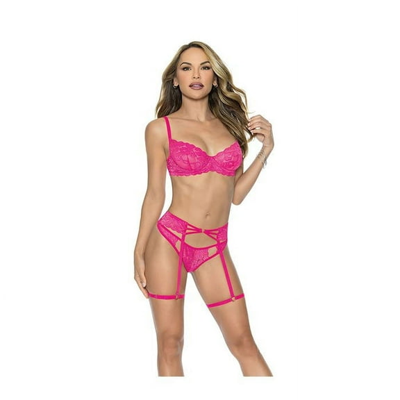 Underwire Lace Bra, Garterbelt & G-String Pink Large