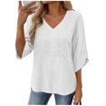 thumbnail image 2 of thefmos Women's V Neck Embroidered Blouse 3/4 Sleeve Loose Fit Solid Color Casual Pullover Fashion Spring Fall Outfit, White S, 2 of 9