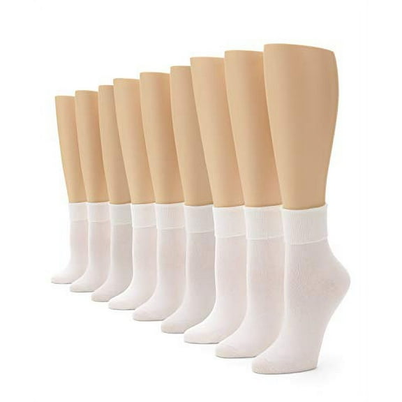 No Nonsense Women's Cotton Basic Cuff Sock, White - 9 Pair Pack, 4-10