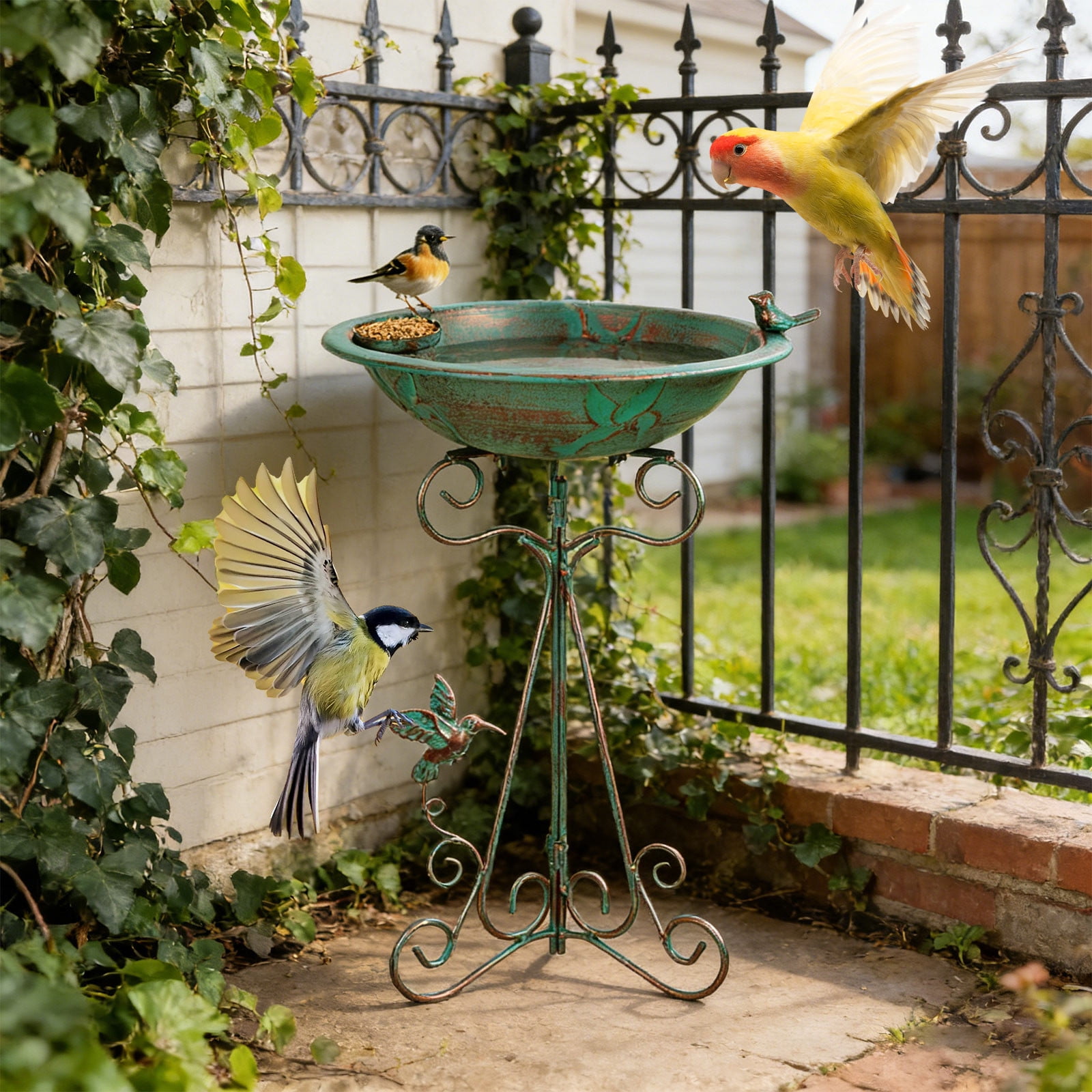 Bird Bath 13" Dia Bowl, Metal Birdbath with Feeder, Pedestal Bird Baths for Outside Outdoors Garden Patio Yard