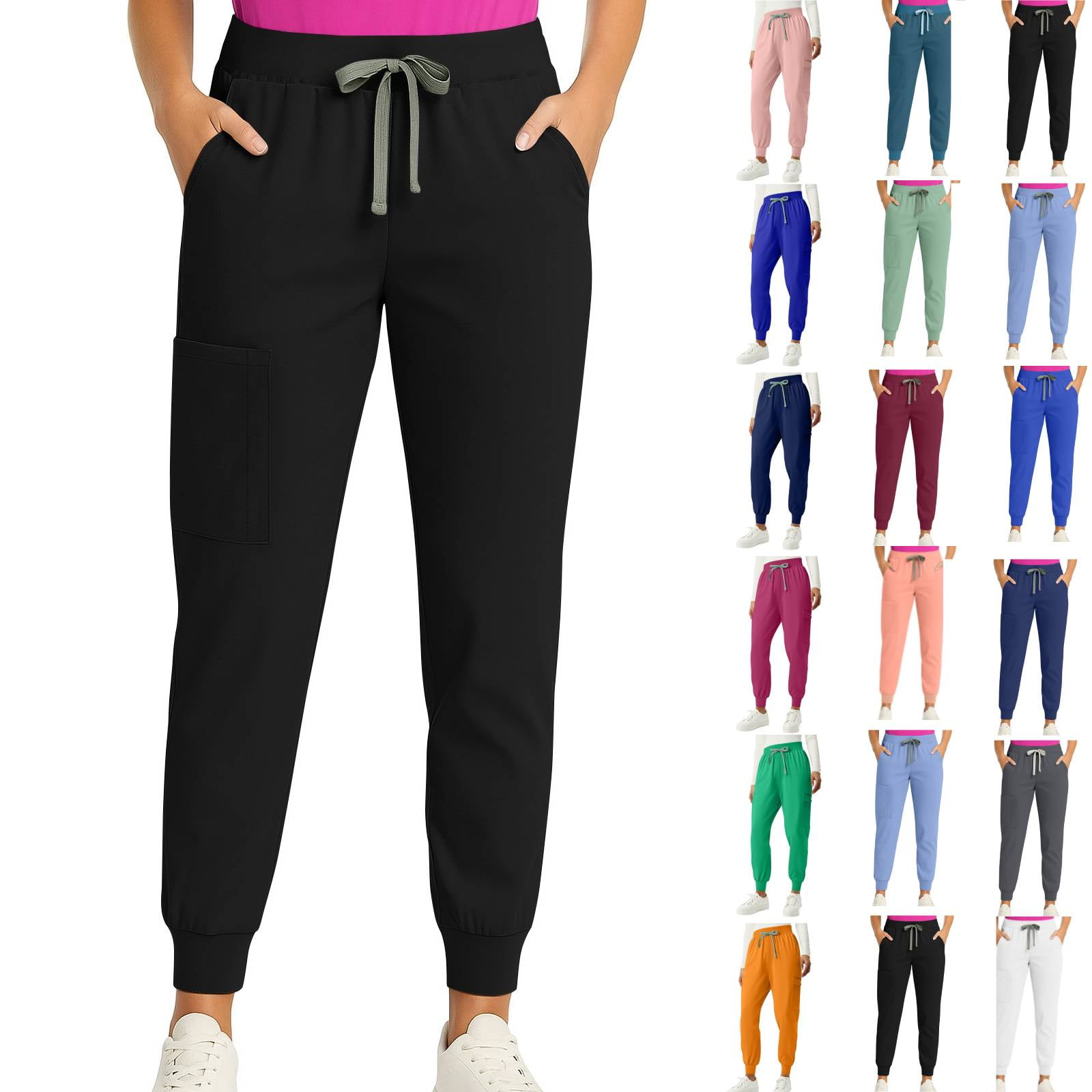 Elastic Bottom Joggings Womens Scrub Pants Skinny Leg Cuffed Stylish Comfortable Scrubs Jogger Black S 26"