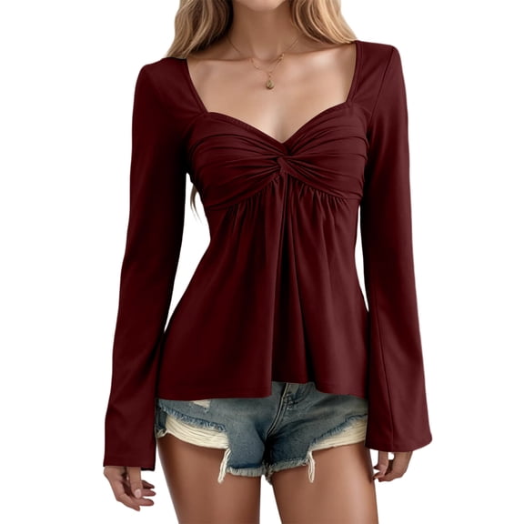 Long Sleeve Babydoll Tops for Women Sweetheart Neckline Peplum Tops Petite Knotted Wrap V Neck Shirts Wine XL