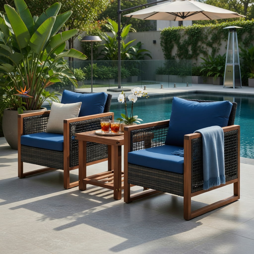 Hommoo 3-Piece Outdoor Wicker Patio Furniture Set, Rattan Sofa & Acacia Wood Coffee Table with Washable Cushions, Navy