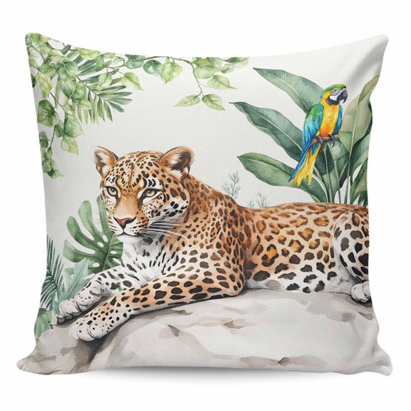 Throw Pillow Covers 18x18 Inch, Tropical Leopard Parrot Decorative Pillow Cases for Couch Sofa Bed, Watercolor Summer Palm Leaf Cotton Linen Square Home Decor Pillowcases with Hidden Zipper